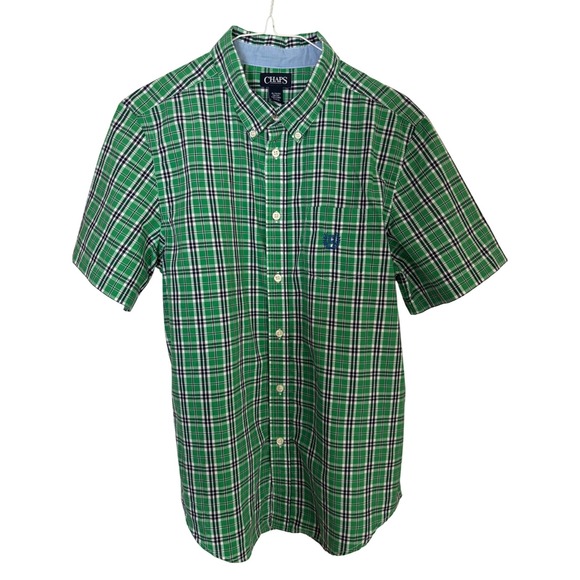 Chaps Kids Green Plaid Short Sleeve Button Up Shirt XL (18-20) Dressy Chaps EUC - Picture 1 of 8